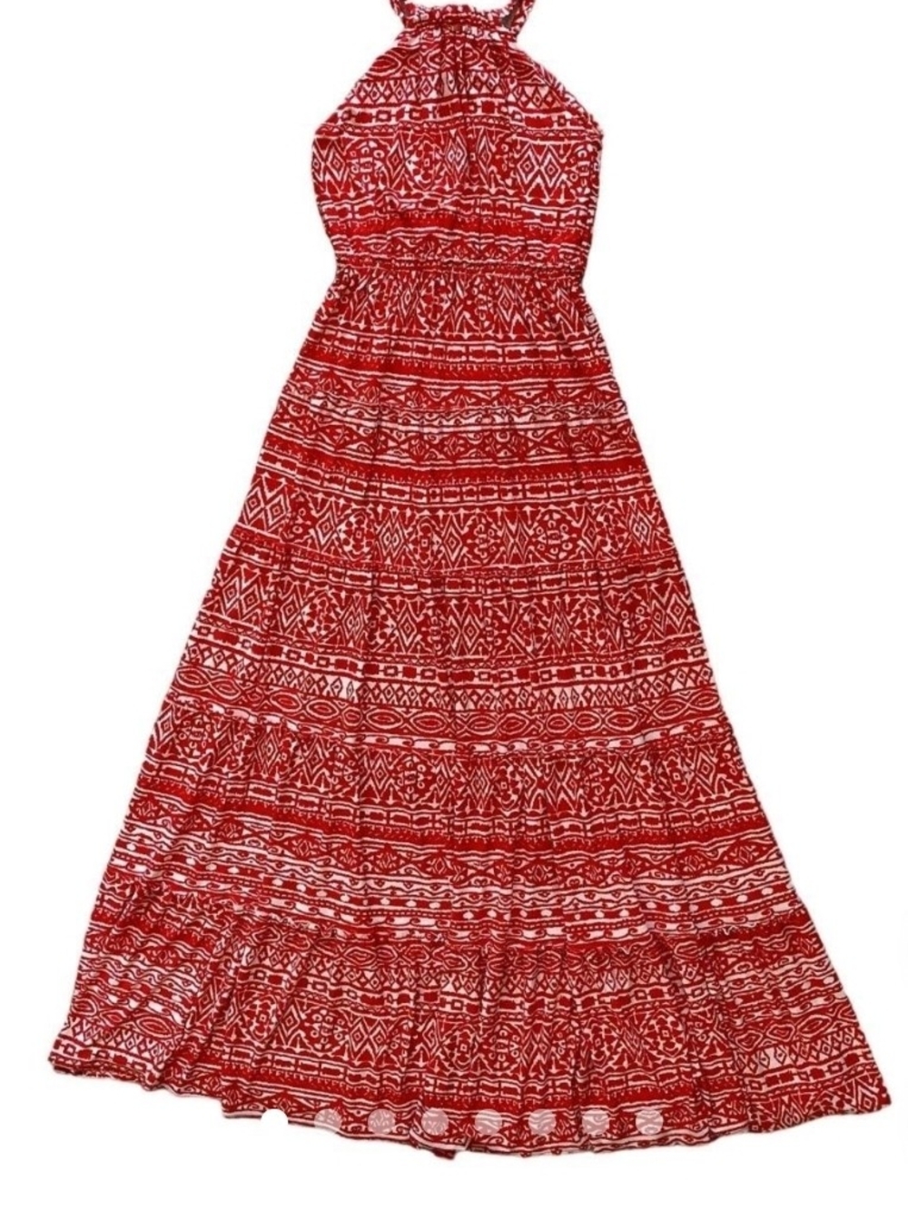 Red Halter Maxi Dress with Tribal Print